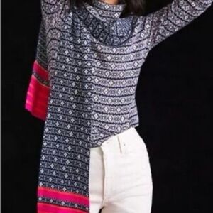 Maeve Black & White Fair Isle Print Scarf w. Hot Pink Stripes + Free Green Hat!